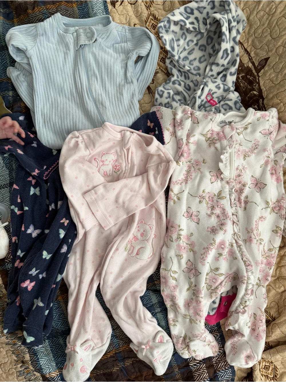 Little Me Light Blue, Pink & White Floral Footed Baby Pajamas Set 3M